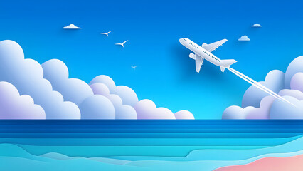 Cute cartoon of a white airplane soaring through a bright, clear blue sky, leaving a distinct vapor trail behind it. , cluster of soft, puffy white clouds rests above a calm blue ocean.