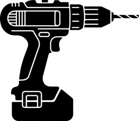 Vector illustration of a hand holding a power drill tool isolated on white background as a black silhouette icon or steel equipment symbol