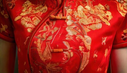 Close-up of a vibrant red Chinese dress with golden embroidery.