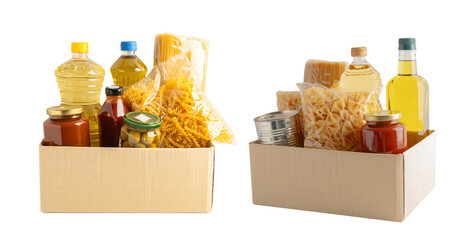 Foodstuffs in donation box isolated on white background for volunteer to help people.