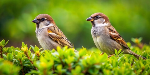 Obraz premium Two small birds perched on vibrant green foliage with a soft green background