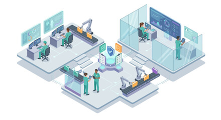 Obraz premium Isometric Medical SaaS Platform Illustration for Healthcare Automation, Data Security, and Digital Health Records with AI Robotic Arms and Clinical Workflow Management in Teal Style