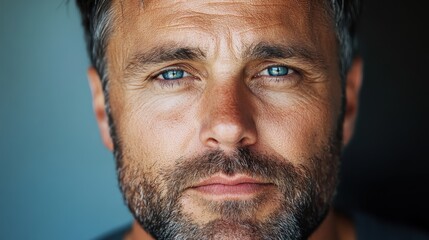 Obraz premium An intense close-up of a bearded man showcases his striking blue eyes, reflecting deep thoughts and emotions that resonate with the viewer, inviting a connection in stillness.