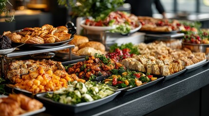 A beautifully arranged buffet table showcases an assortment of vibrant dishes including salads, pastries, and savory entrees, inviting guests to indulge in the culinary experience.
