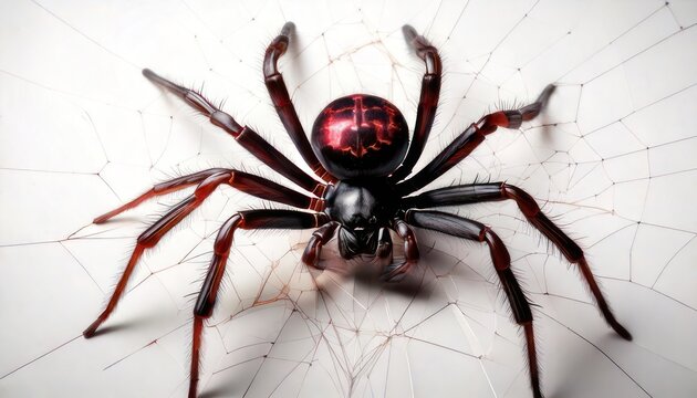 Close-up of a redback spider on a white surface.