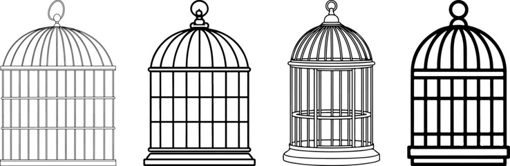 An empty vintage golden birdcage with an open door is isolated on white, symbolizing a metal prison or the freedom from being trapped and confined