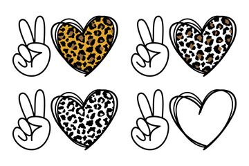 Peace, love, leopard. Four leopard-patterned heart shapes on a white background.