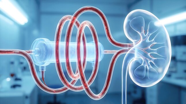 Dialysis machine tubing connected to kidney medical illustration