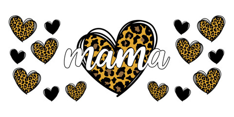 Mama on hand drawn leopard heart. Modern design.