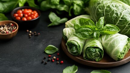 Delicious fresh veggie rolls made with cabbage and basil, surrounded by cherry tomatoes, showcasing vibrant colors and healthy eating options for a nutritious lifestyle.