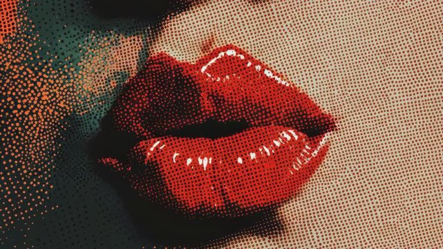 Woman with red shiny lips in halftone print style. Pop art beauty concept for cosmetic advertising.