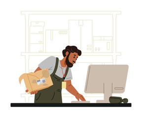 Warehouse worker writes off the product due to a defect flat vector illustration.