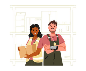 Warehouse workers man and a woman standing in front of line racks with boxes flat vector illustration. African American woman in uniform holding cardboard box, man standing with arms crossed with lase