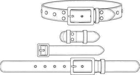 Leather belt technical line illustration set showing buckle, strap, holes, keeper loops, front and side views for fashion accessory design use