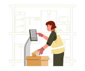 Woman warehouse worker collects an order using a warehouse robot near line racks with boxes flat vector illustration isolated on white.
