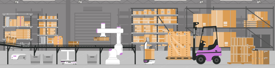 Warehouse interior horizontal panorama with racks with boxes, conveyor belt, robots, forklift with no people flat vector illustration.