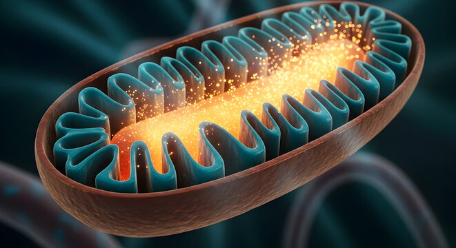 Mitochondria cell structure with glowing energy production