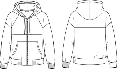 Zip-up hoodie technical line illustration with front and back views, hood, drawstrings, kangaroo pocket, ribbed cuffs, and stitching details for apparel design