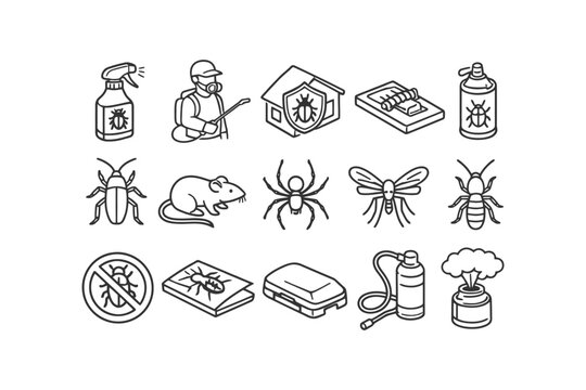 Pest control icons: insects, rodent, and equipment line art collection.