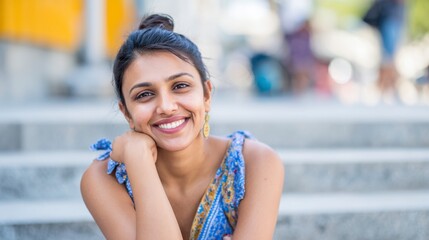 Young woman enjoys a sunny day outdoors sitting on city steps and smiling confidently while leaning forward with her elbow on her knee