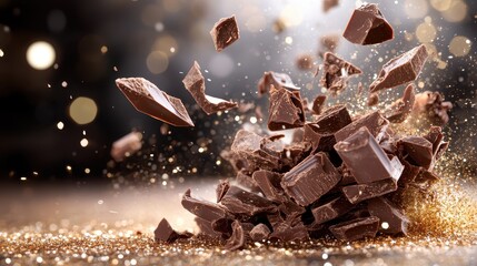 This mesmerizing image captures the moment chocolate chunks explode in a dazzling display, creating a rich, indulgent scene that stimulates the senses and evokes joy.