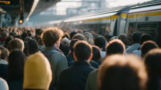 Crowded train platform scene showing mass of people boarding trains, hectic movement, public transit reliance, urban density and daily commuting challenge in modern cities cinematic color