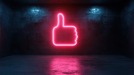 A striking neon thumbs-up symbol on a dark concrete background creates a bold and modern aesthetic, representing positivity, approval, and the digital age we live in today.