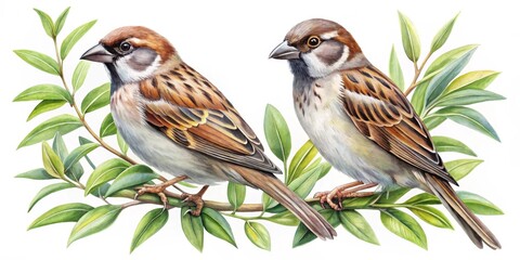 Two small brown feathered birds perched on a delicate green leafy branch against a white background