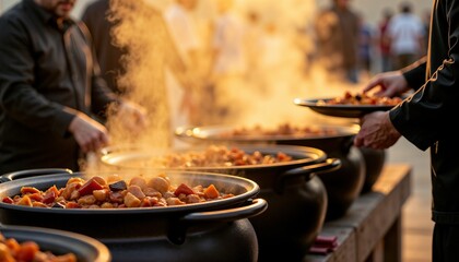 Vendors preparing traditional Iftar meals in large pots. Hot stew simmering with steam rising in the golden evening light. Ramadan community food sharing