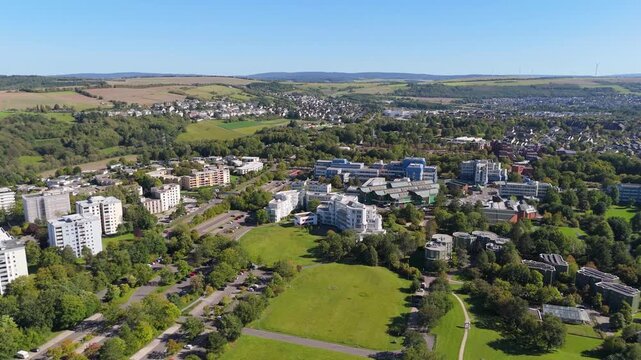 Trier university academic campus and cityscape, science education, college, aerial view, Moselle Valley, Germany