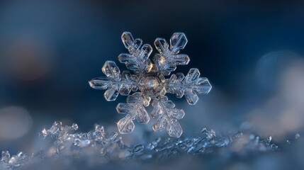 A macro snowflake sits on frosty ice with sharp detail against a soft blue background in cold winter light capturing its unique structure