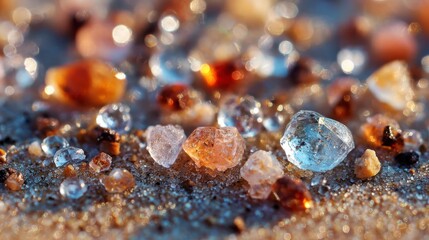 Wet sand features sparkling water droplets and tiny crystals, showing clear details and reflections in warm natural light