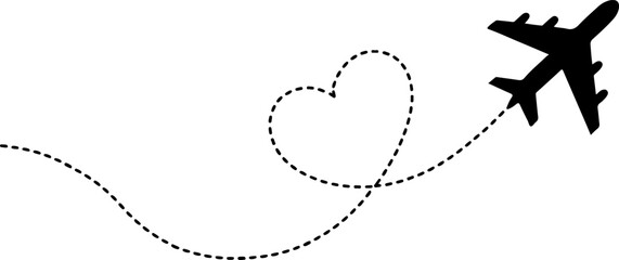 Airplane Flying with Heart Shaped Dashed Line Path - Travel and Love Concept Vector