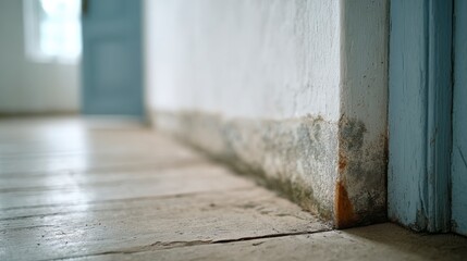 Black and green mold covers the corner of a white wall, revealing moisture stains and cracked paint in an unhealthy home area