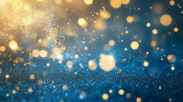 Blue and gold gradient shimmering bokeh light in motion, abstract glitter particles with blur effect as a dynamic overlay