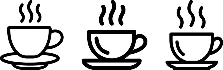 Vector illustration of a hot coffee cup icon with steam and a saucer designed for a cafe breakfast or espresso beverage sign