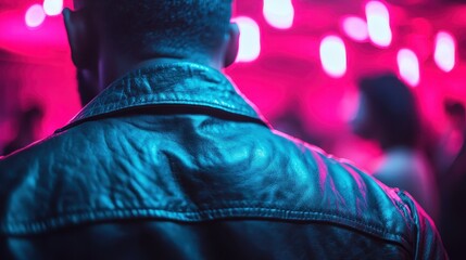 A captivating portrait captures a mysterious man in a leather jacket at a neon-lit club, emphasizing nightlife vibe and modern aesthetics with a stylish allure.