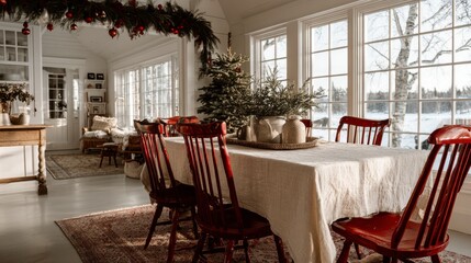 Dining area features a cream tablecloth, red chairs, and holiday decorations above the table with soft natural light coming through windows