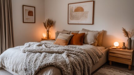 A low beige bed covered with a textured blanket. Warm wall artwork and soft light create a simple atmosphere