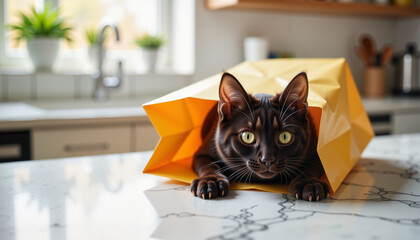A playful black kitten climbed into a colorful paper bag on the table and peered out.