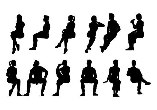 people sitting without chair silhouette set for architectural, men and women talking, drinking, relaxing. front and side view, black shadow elevation illustration.