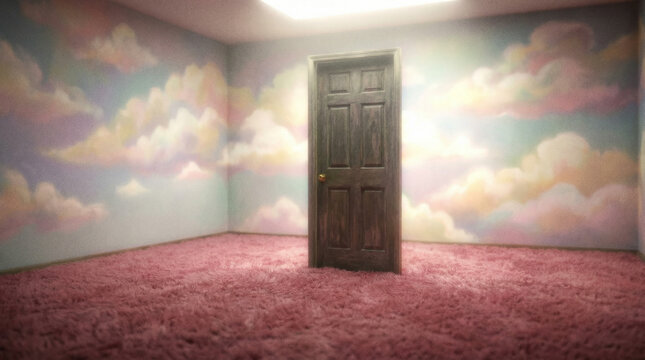 Surreal dreamcore aesthetic room with cloud walls and a single door representing the false memories and hallucinations of Dementia.
