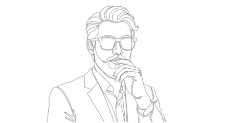Obraz premium A thoughtful man wearing glasses and a suit with his hand to his chin in a sketch art style