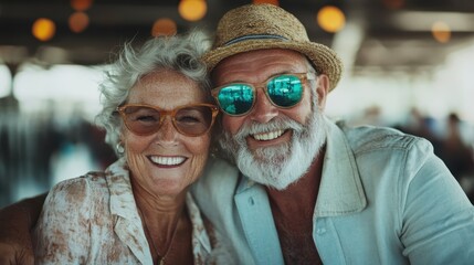 This delightful senior couple smiles joyfully while sitting together, showcasing their loving bond and the happiness found in shared experiences and moments together.