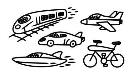 Fototapeta premium Vehicular Voyage Sketch: A captivating sketch showcases a diverse array of transportation modes, each embodying the spirit of travel and the allure of journeys across land, sea, and sky.