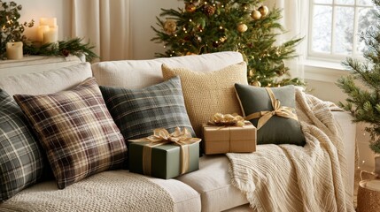 Cozy interior with textured sofa, wrapped gifts, and Christmas pillows. Soft lighting creates a warm atmosphere for the holiday season