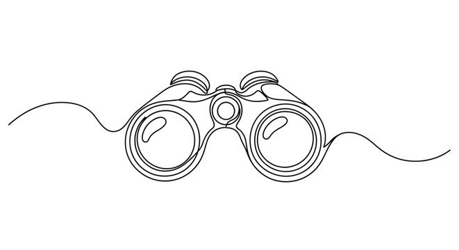 Minimalist continuous line drawing of binoculars with a wavy line extending from each eyepiece representing exploration and discovery