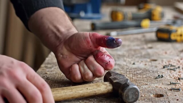 Man examining bruised and swollen fingers after a DIY accident. Close-up of hand injury with a hammer on a workbench. Carpentry mishap and workplace safety concept