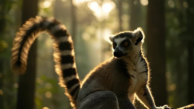 Ring-tailed lemur in a sunlit forest