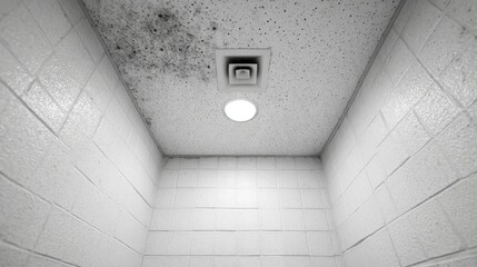 Bathroom ceiling shows black mold and moisture around the vent, with ceramic tiles providing a stark contrast under artificial light